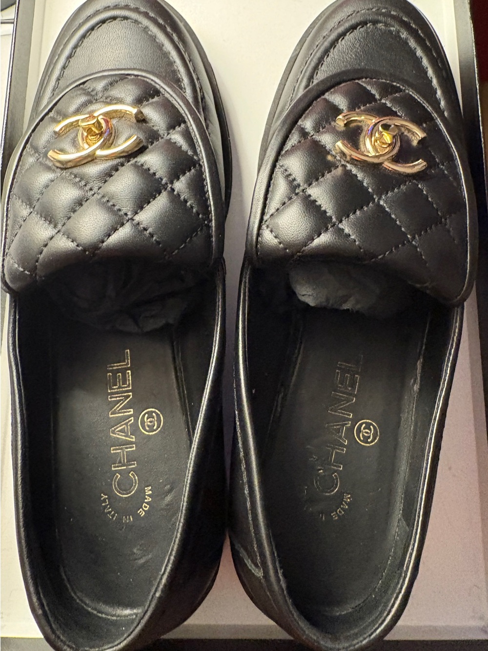 CHANEL Black Quilted Leather Loafers with Gold CC Hardware